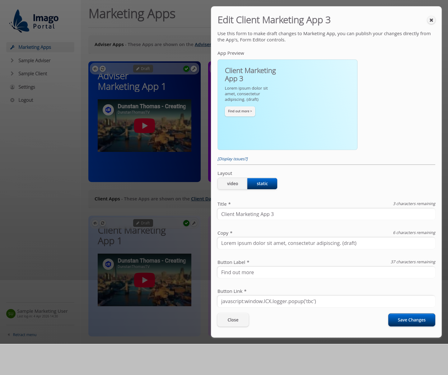 Role-Marketing > 01 Marketing Dashboard > Edit Marketing Apps